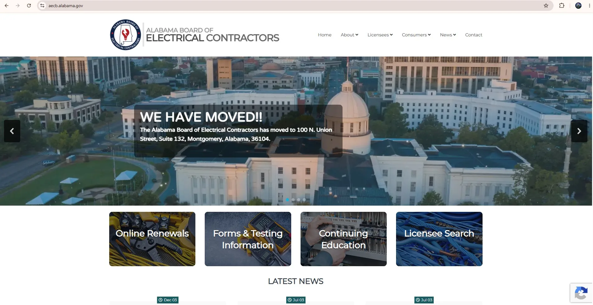 Official Alabama Electrical Contractors Board website with electrical contractor and journeyman license search