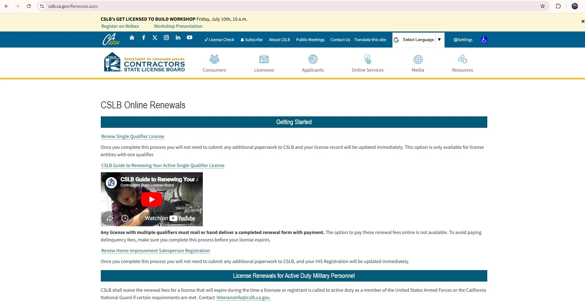 Official California CSLB online contractor license renewal page for single and multiple qualifier licenses