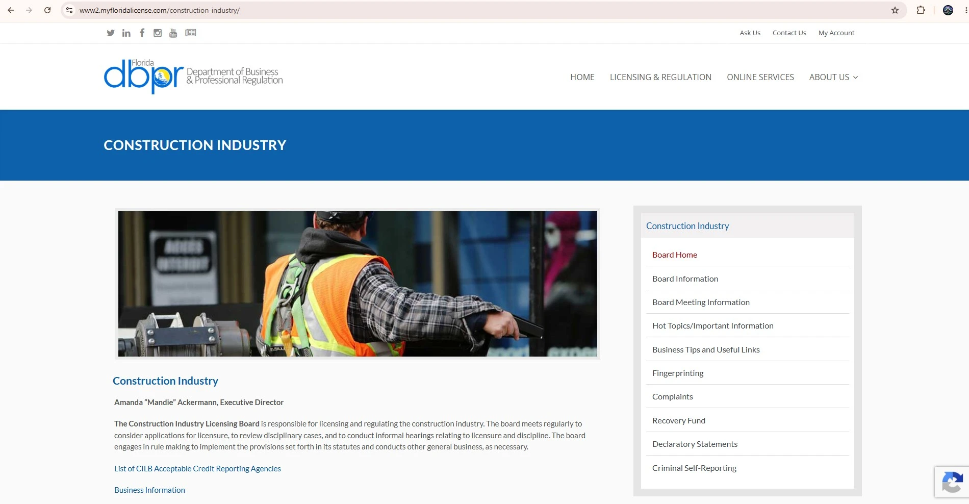 Official Florida DBPR Construction Industry Licensing Board page