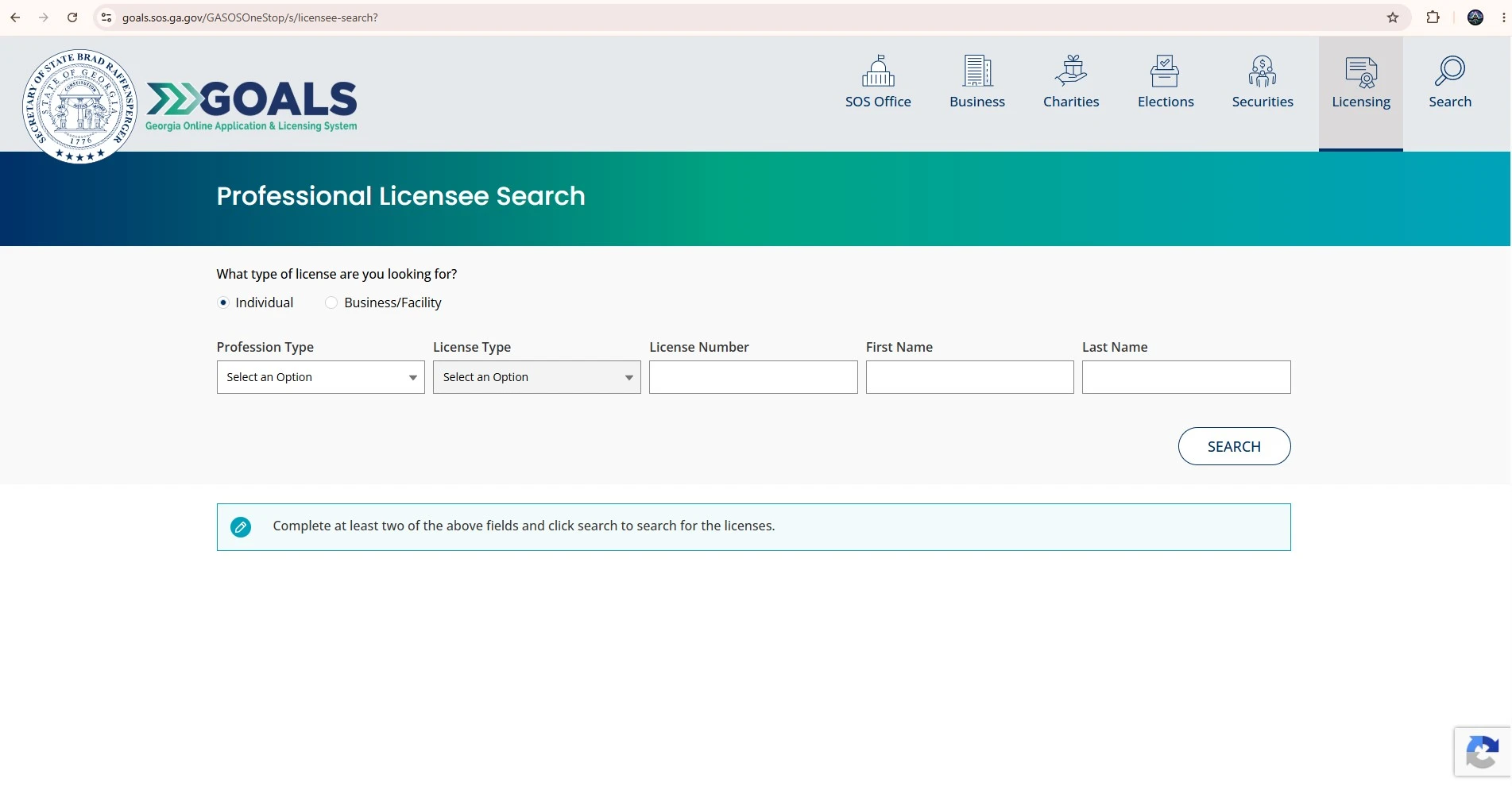 Official Georgia Secretary of State electrical contractor license lookup search page