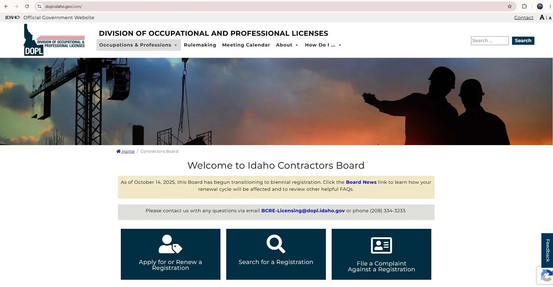 Official Idaho DOPL Contractors Board page showing contractor registration search, renewal and complaint options