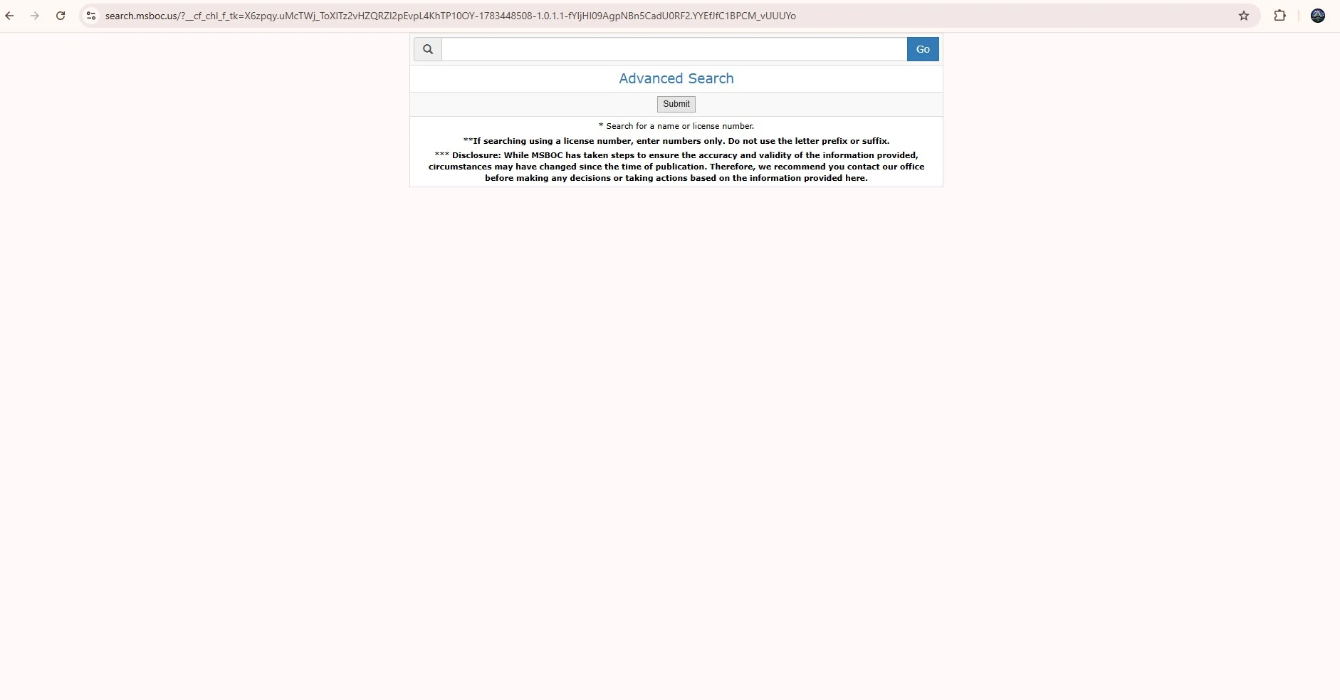 Official Mississippi State Board of Contractors search page for verifying a contractor by name or license number