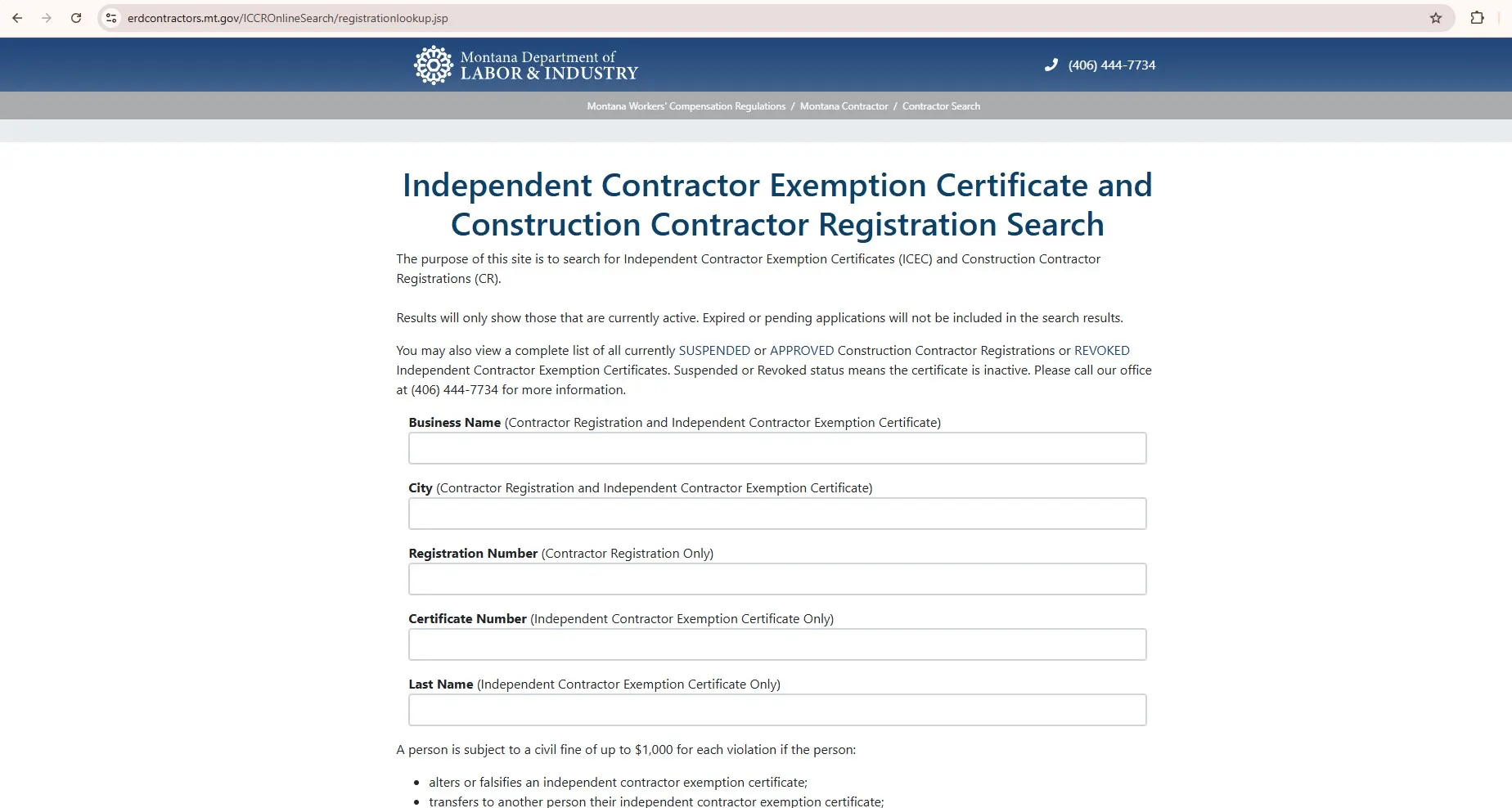 Official Montana contractor search for Construction Contractor Registration and ICEC records