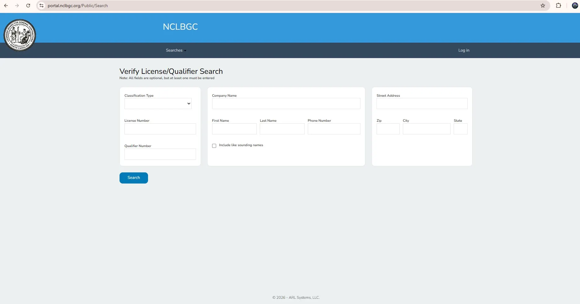 Official NCLBGC license and qualifier search page for verifying a North Carolina general contractor