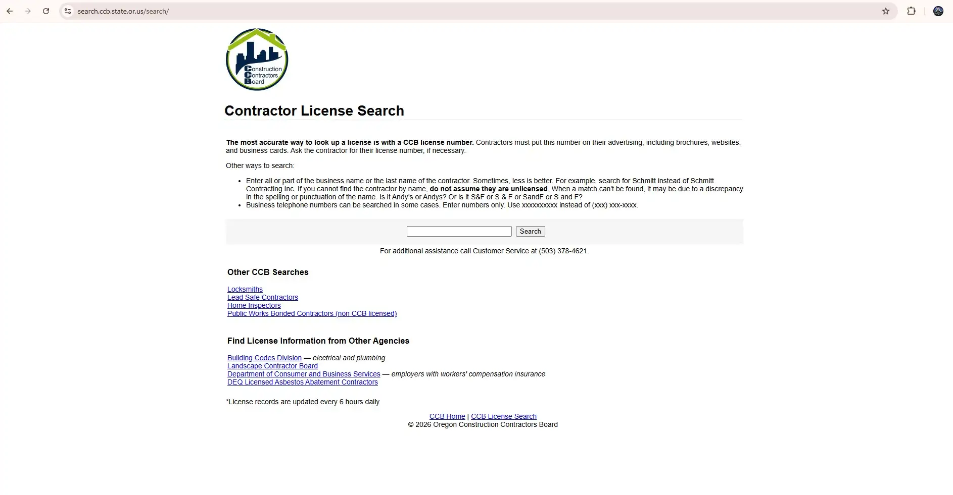 Official Oregon Construction Contractors Board license search page for checking a contractor by CCB number, business name or phone number