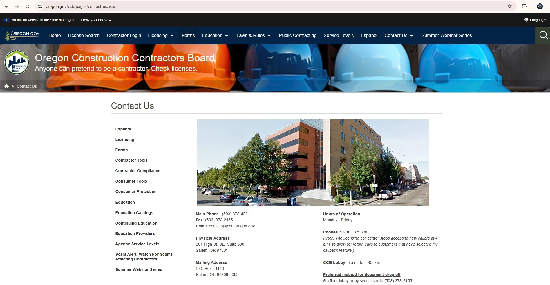 Official Oregon Construction Contractors Board contact page showing CCB phone number, email, office hours and Salem address