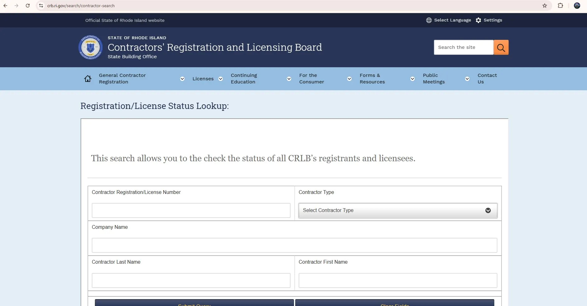Official Rhode Island Contractors’ Registration and Licensing Board search page for checking a contractor by company name, person or registration number