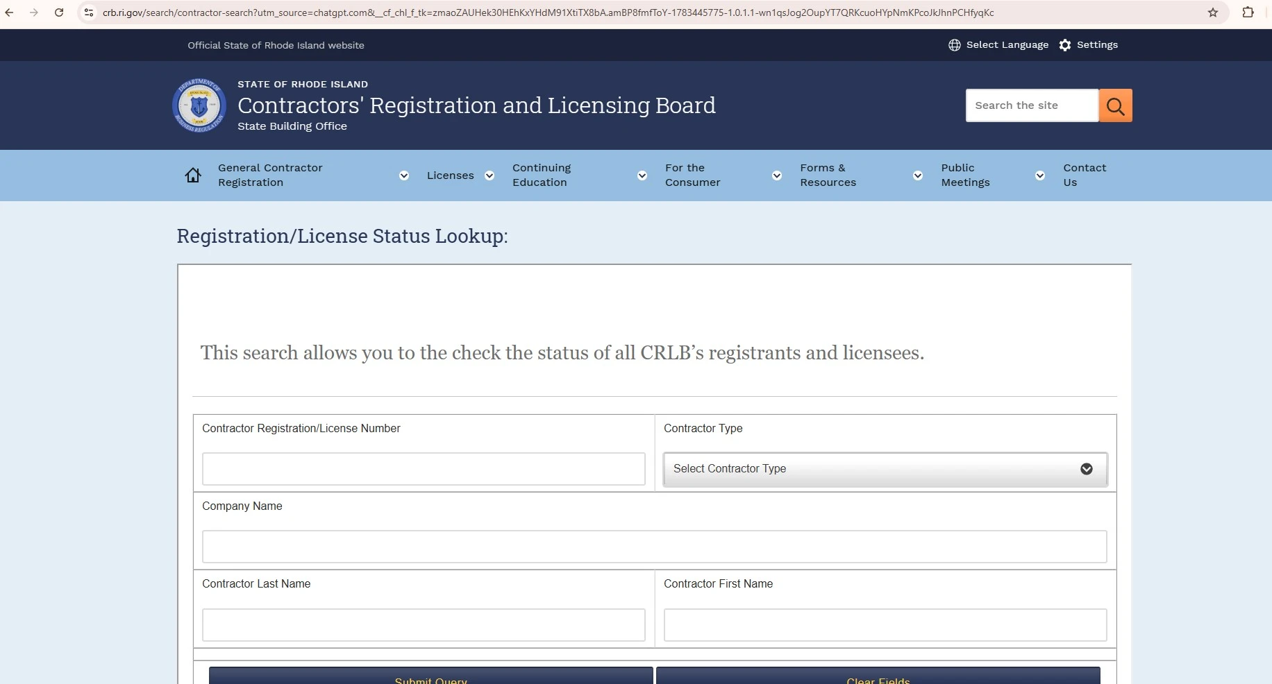 Official Rhode Island CRLB contractor registration and license lookup form