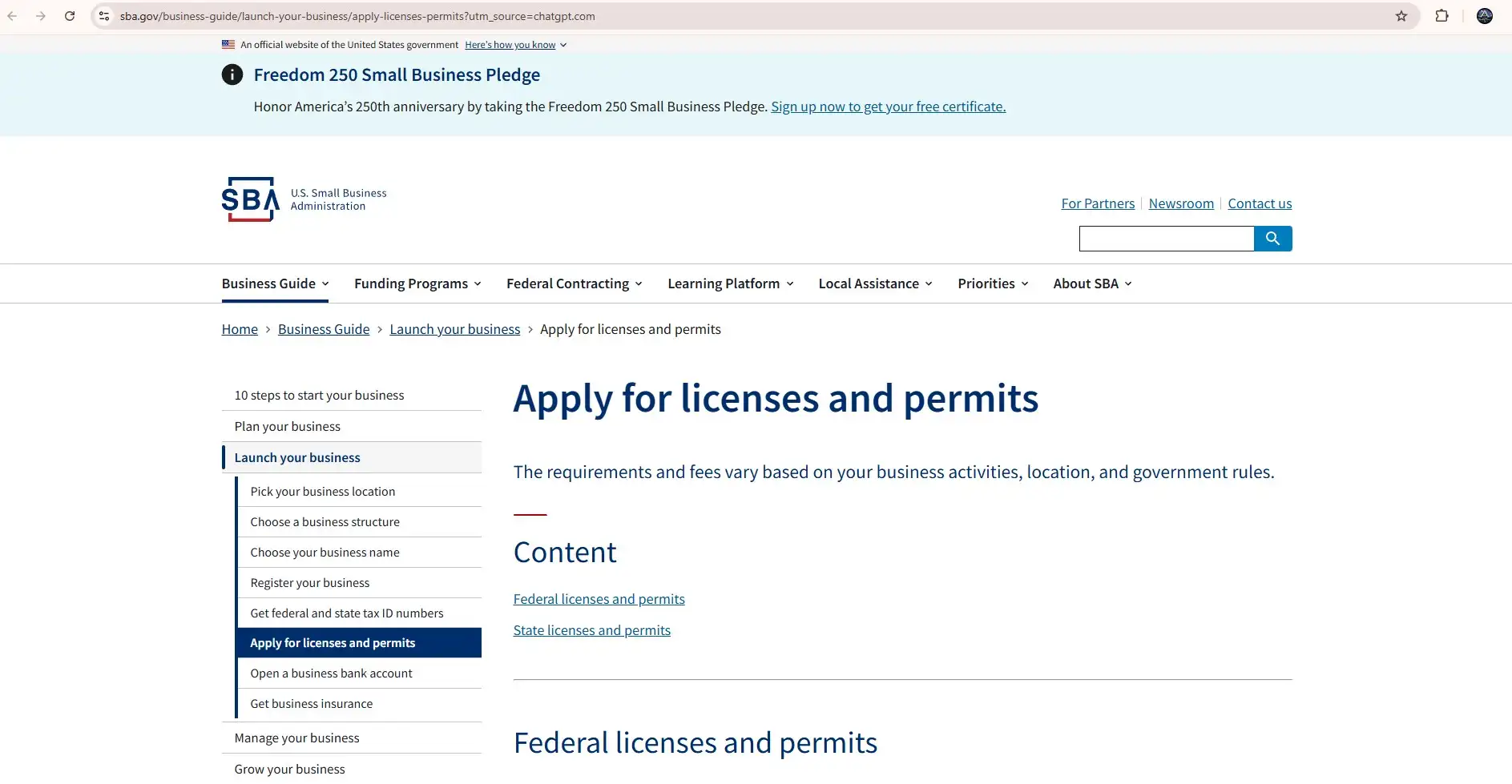 U.S. SBA licenses and permits guidance for state and local construction business requirements