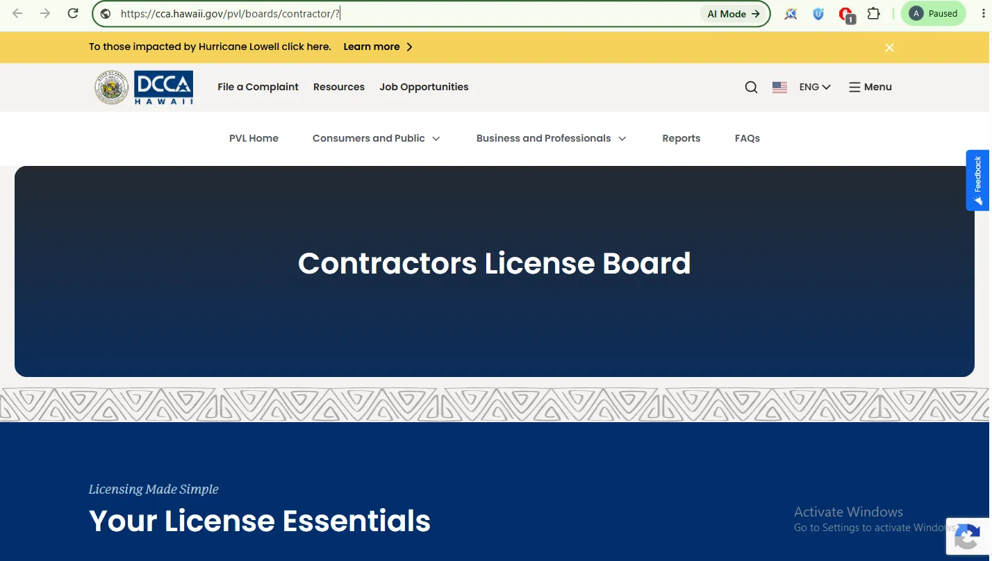 Hawaii Contractors Board license lookup guide showing PVL contractor verification steps
