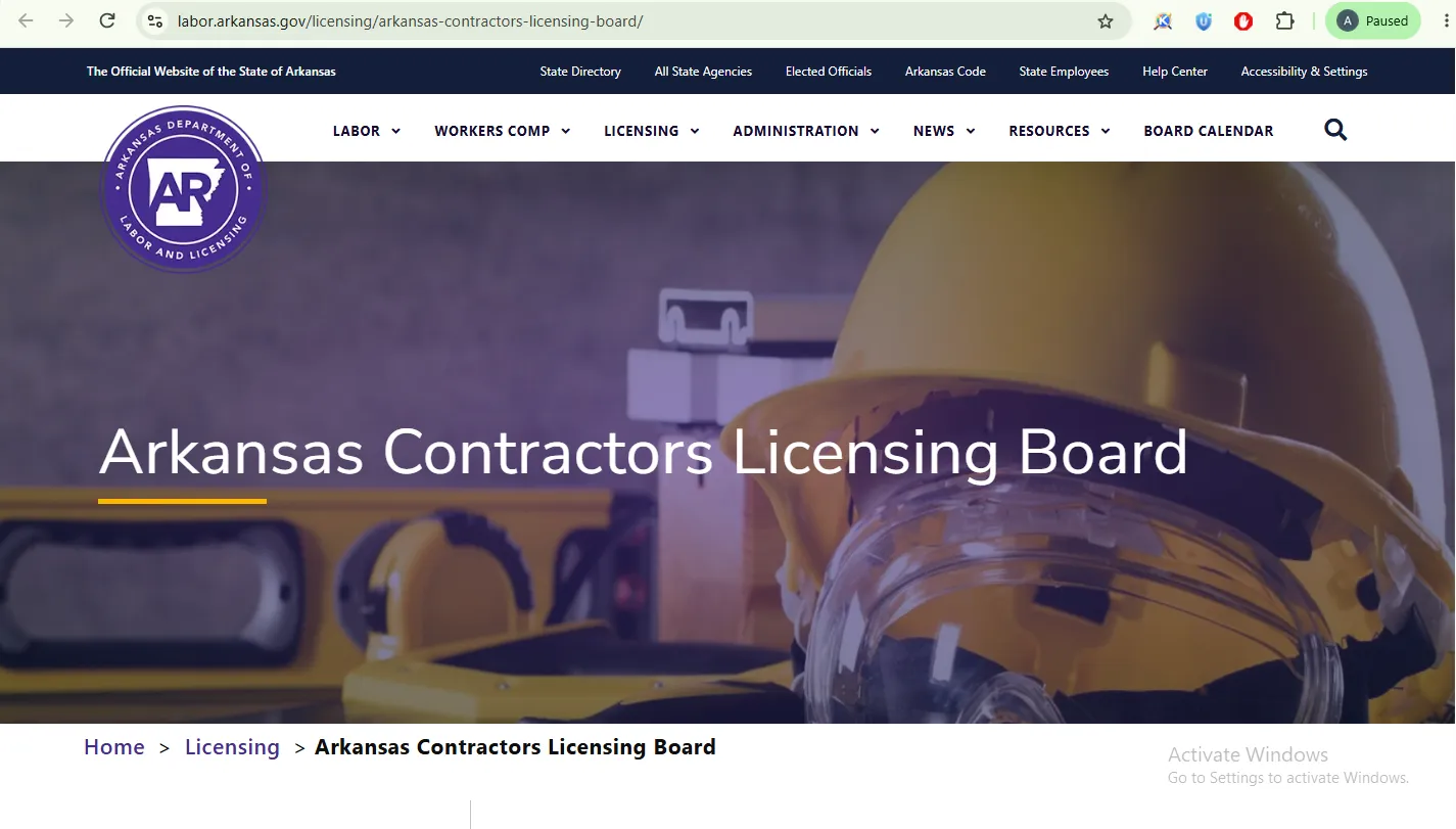 Official Arkansas Contractors Licensing Board license search page for verifying licensed contractors in Arkansas