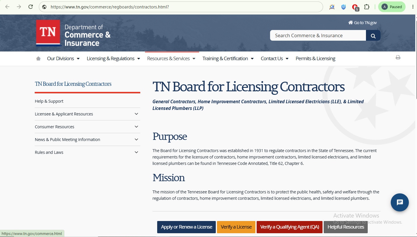 Tennessee Board for Licensing General Contractors official license lookup page screenshot