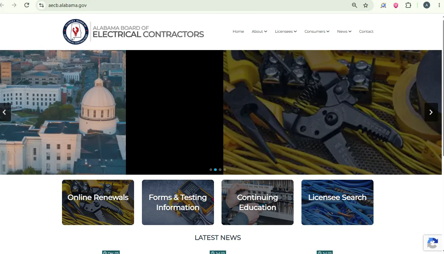 Alabama Electrical Contractors Board license lookup page for electrical contractor and journeyman license verification